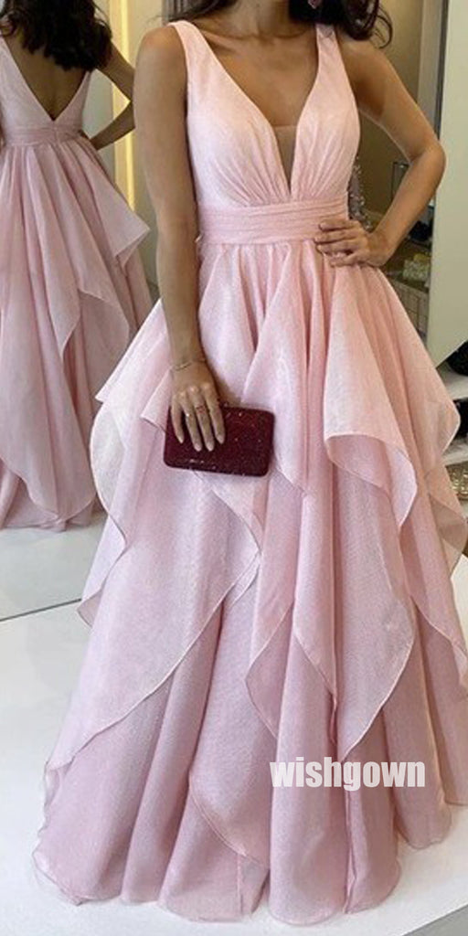 Cute V-neck Pink Ball Gown Long Prom Dresses PG1188
