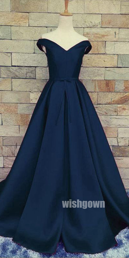 Simple Navy-blue Off Shoulder Long Prom Dresses PG1197