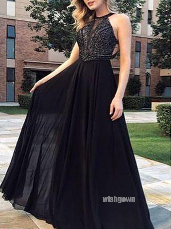 Sexy Black Halter Chiffon Long Prom Dresses PG1211