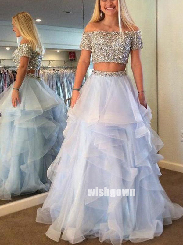 Two Pieces Sabrina Sequins Tulle Prom Dresses PG1216