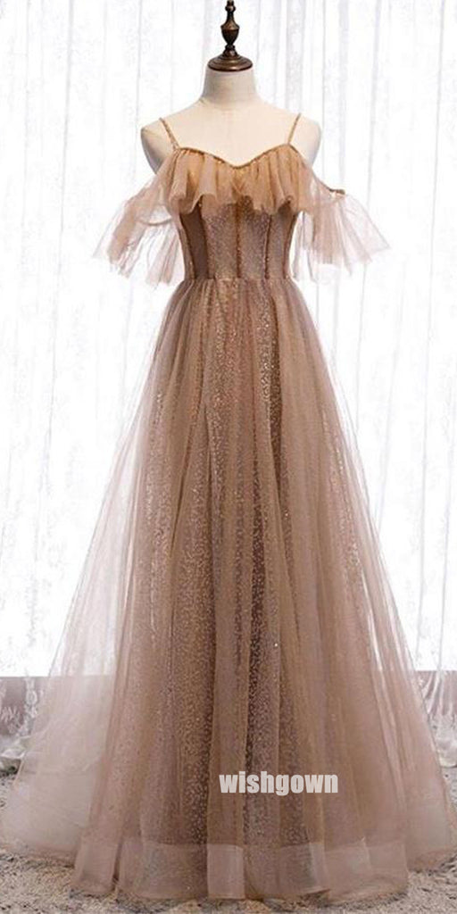 Elegant Spaghetti Strap Tulle Long Prom Dresses PG1218