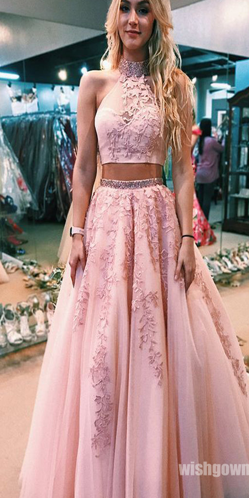 Two Pieces Pink Halter Applique Tulle Long Prom Dresses PG1220