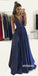 Sexy Dark Navy V-neck Backless Long Prom Dresses PG1222