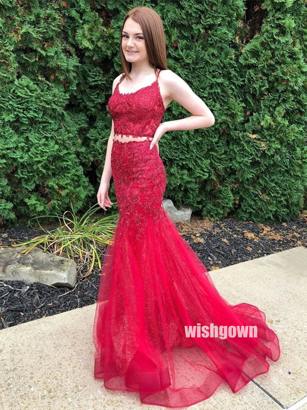 Red Two Pieces Lace Mermaid Prom Dresses PG1235