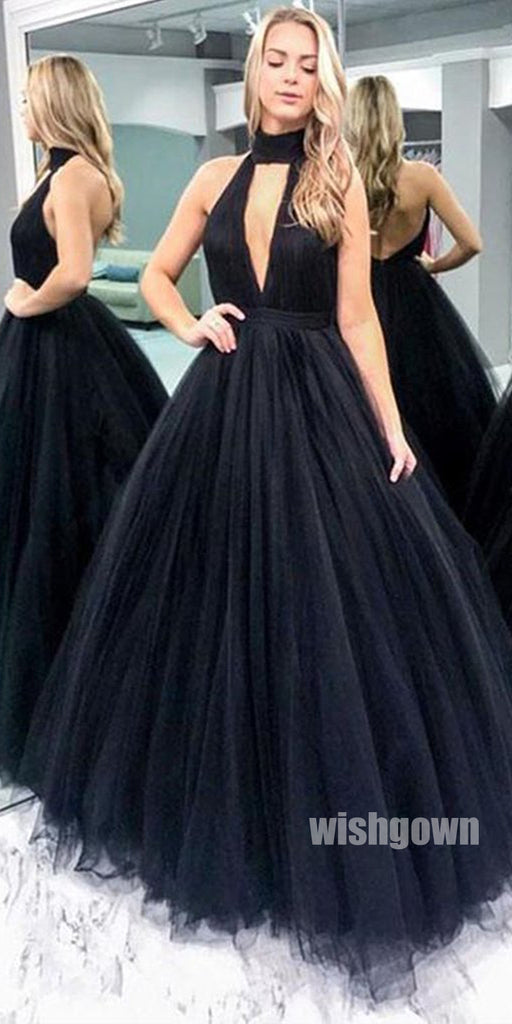 Elegant Black Halter A-line Tulle Prom Dresses PG1236