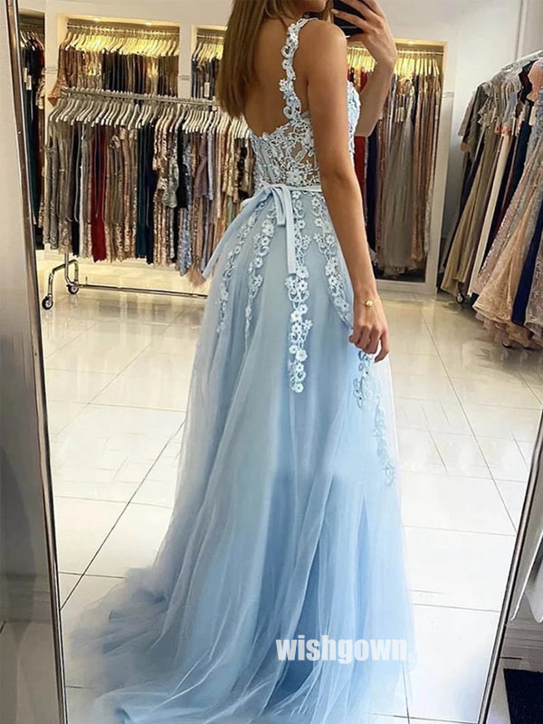 Elegant Light Blue Lace Top Tulle Prom Dresses PG1245