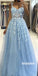 Elegant Light Blue Lace Top Tulle Prom Dresses PG1245