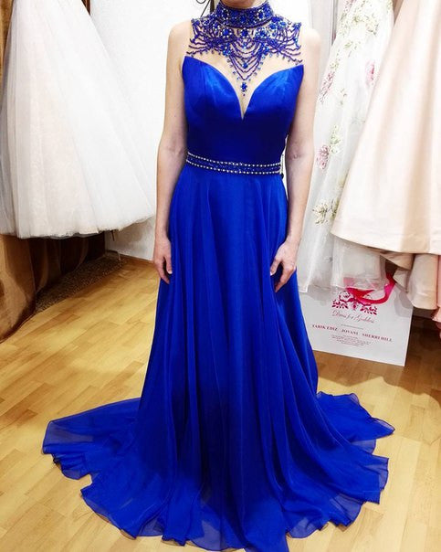 Gorgeous Beaded High Neck Roayl Blue Backless Long Prom Dress, WG576 - Wish Gown