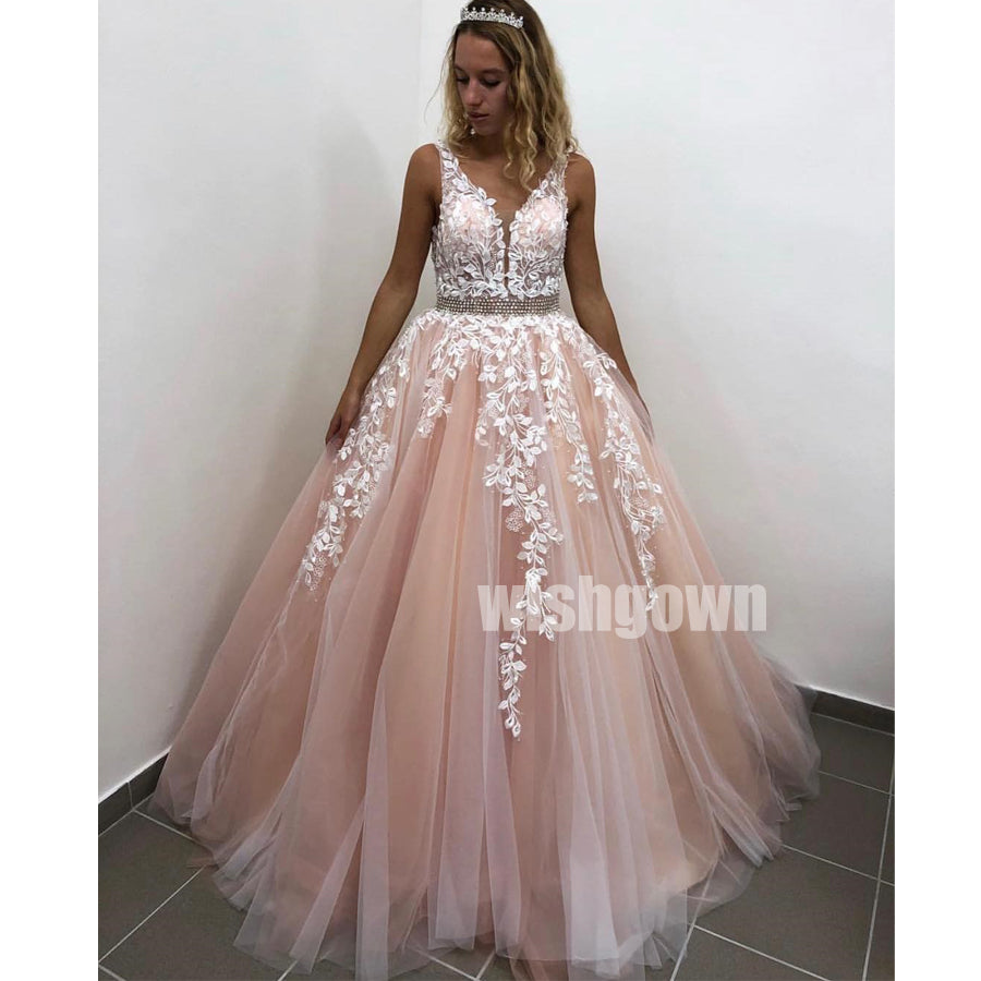 Popular A-line Applique Tulle Long Prom Dresses PG1123