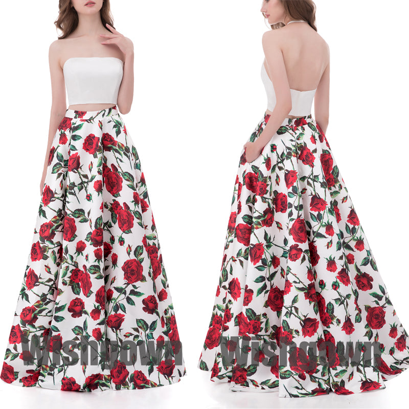 2 Pieces Elegant Unique Flowers Cheap Long Evening Prom Dresses, WG1057 - Wish Gown