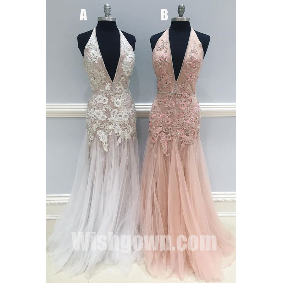 Charming Applique Tulle Hater Mermaid Deep V Neck Long Prom Dresses, WG1092 - Wish Gown