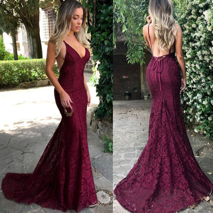 Sexy Mermaid Lace Open Back Online Cheap Long Prom Dresses, WG1053