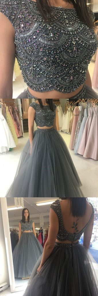 2 Pieces Open Back Cap Sleeves Beaded Gray Cheap Long Prom Dresses, WG779 - Wish Gown