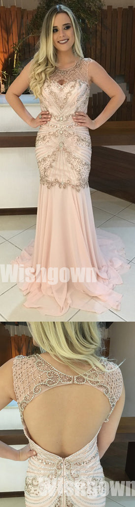 Pink Mermaid Open Back Beaded Elegant Long Prom Dresses, WG1076