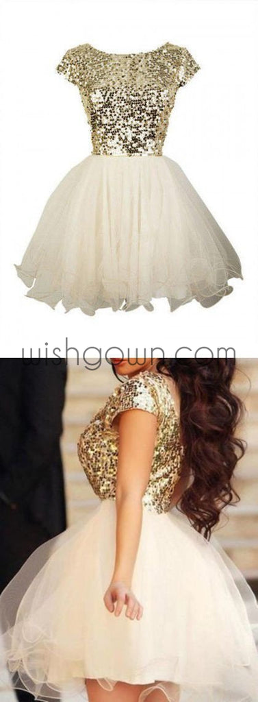 Gold sequin short sleeve Tulle homecoming prom dresses, cocktail dress, CM0012 - Wish Gown