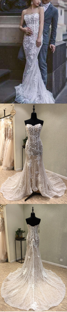 Mermaid Sweetheart Lace Long Cheap Bridal Wedding Dress with Lace Up Back, WG691