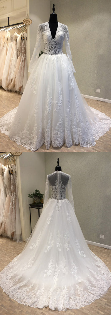 Long Sleeves Modest Small V Neck Lace Cheap Long Wedding Dresses, WG1235