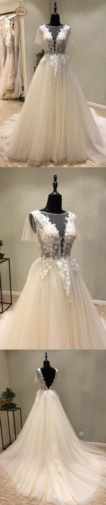 Affordable Short Sleeves V Back Elegant Long Wedding Dresses, WG1230 - Wish Gown