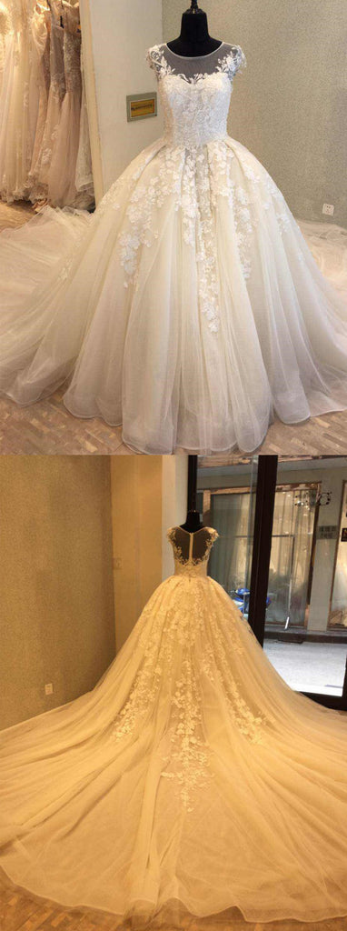Cap Sleeve Charming Applique Tulle Long Wedding Dresses, WG1228 - Wish Gown
