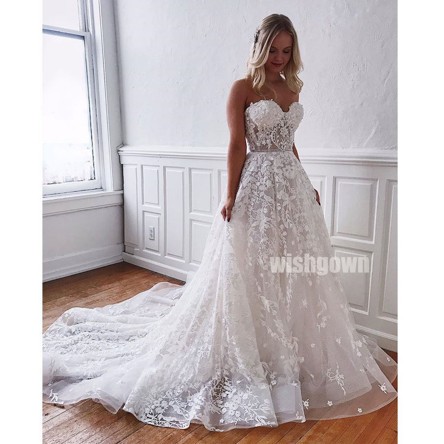 Sweetheart A-line Lace Applique Long Wedding Dresses YH1115