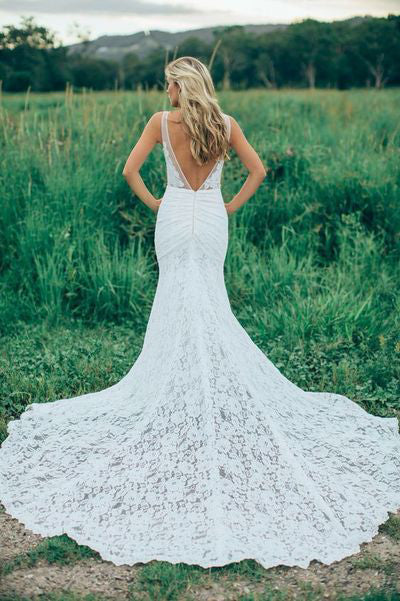 Affordable Mermaid Lace V Neck Elegant V Back Long Wedding Dresses, BW156 - Wish Gown