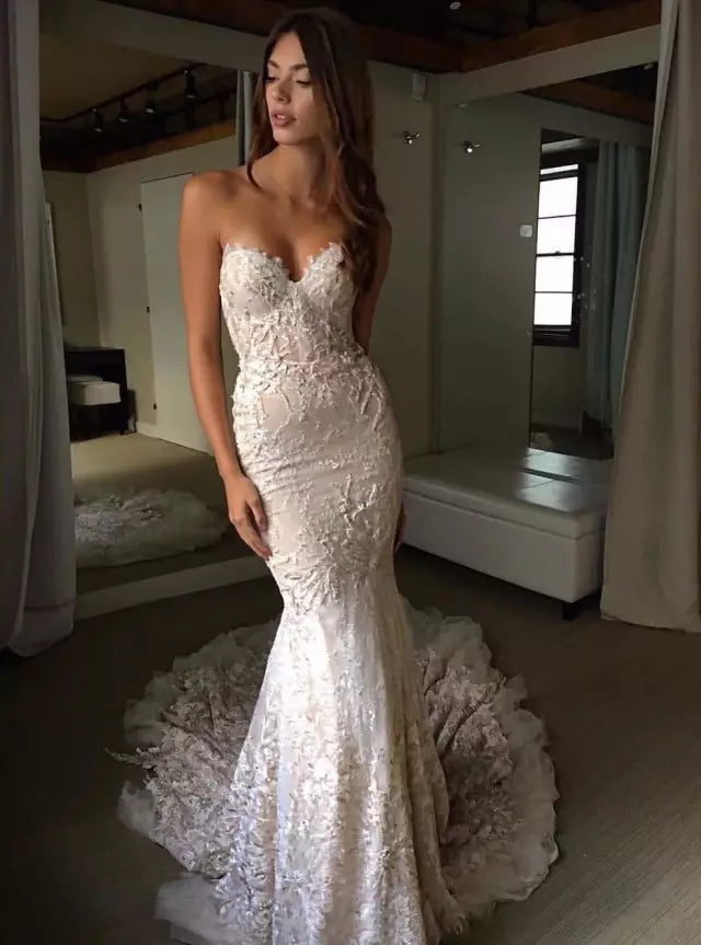 Elegant Mermaid Lace Sweetheart Inexpensive Long Wedding Bridal Dresses Gown, WG629 - Wish Gown