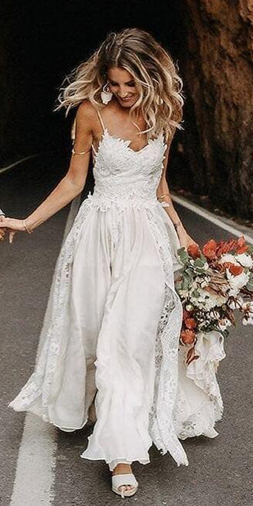 Spaghetti Strap Lace A Line Long Bridal Wedding Dresses, STZ317