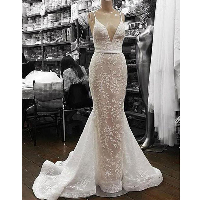 Simple Mermaid Spaghetti Strap Charming Elegant Cheap Wedding Dress, PD0152