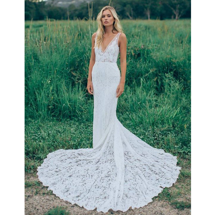Affordable Mermaid Lace V Neck Elegant V Back Long Wedding Dresses, BW156 - Wish Gown