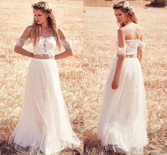 Off the Shoulder Two Pieces Charming Long Wedding Dresses For Beach Wedding, WD0047