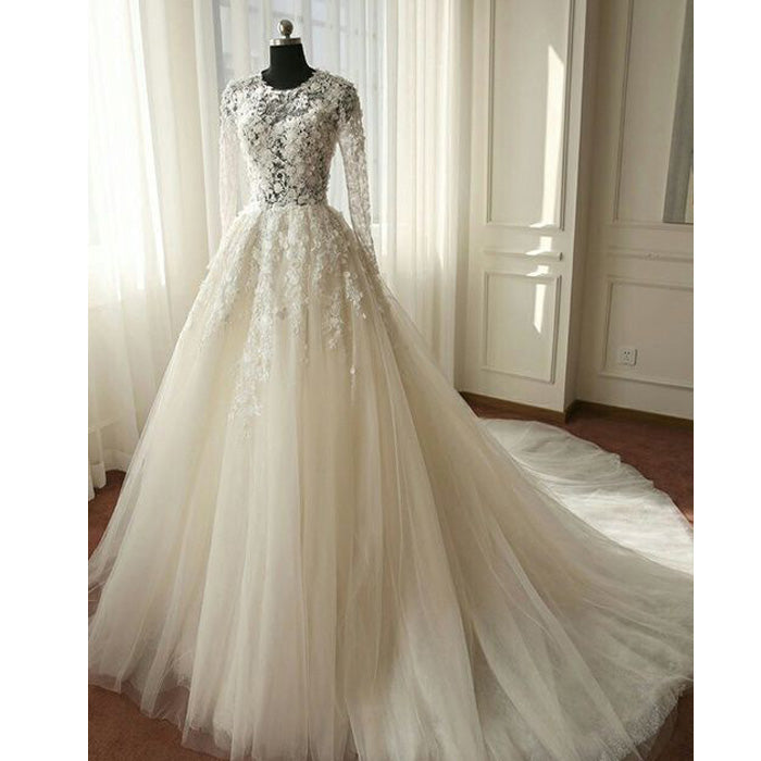 Charming Long Sleeves Tulle Applique Affordable Long Wedding Dresses, WG1246 - Wish Gown