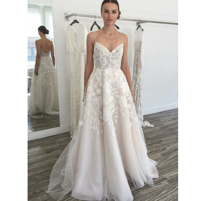 Ivory Lace Spaghetti Strap Charming Beach Long Wedding Dresses, WG1245