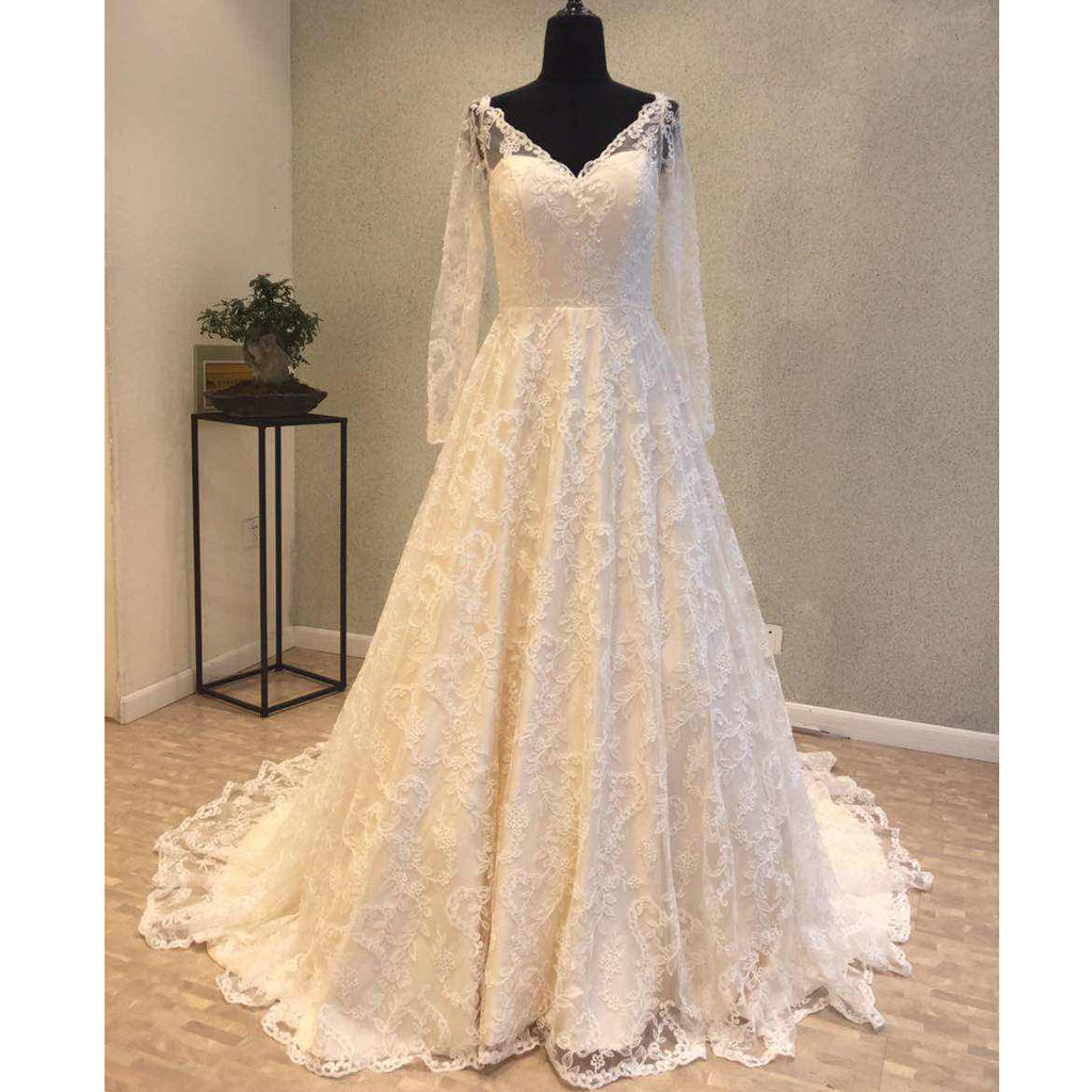 Long Sleeves V Neck Formal Lace Long Cheap Bridal Wedding Dress, WG690
