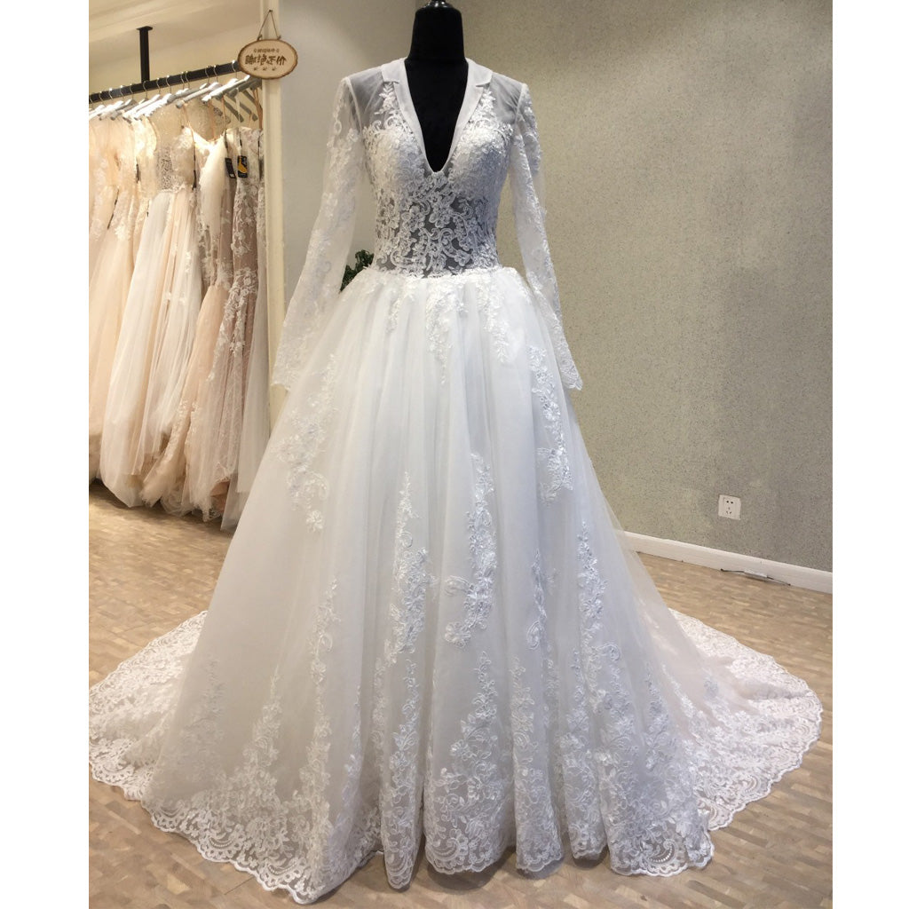 Long Sleeves Modest Small V Neck Lace Cheap Long Wedding Dresses, WG1235